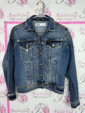 Zara Distressed Medium Blue Denim Trucker Jacket